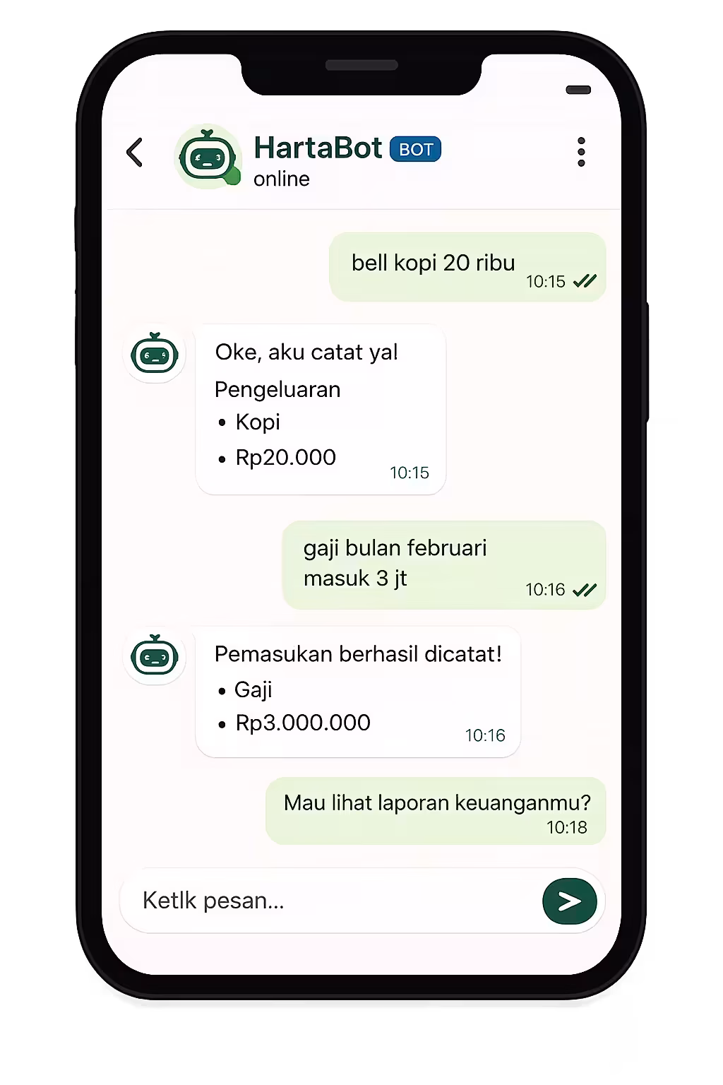 Mockup layar chat HartaBot di ponsel